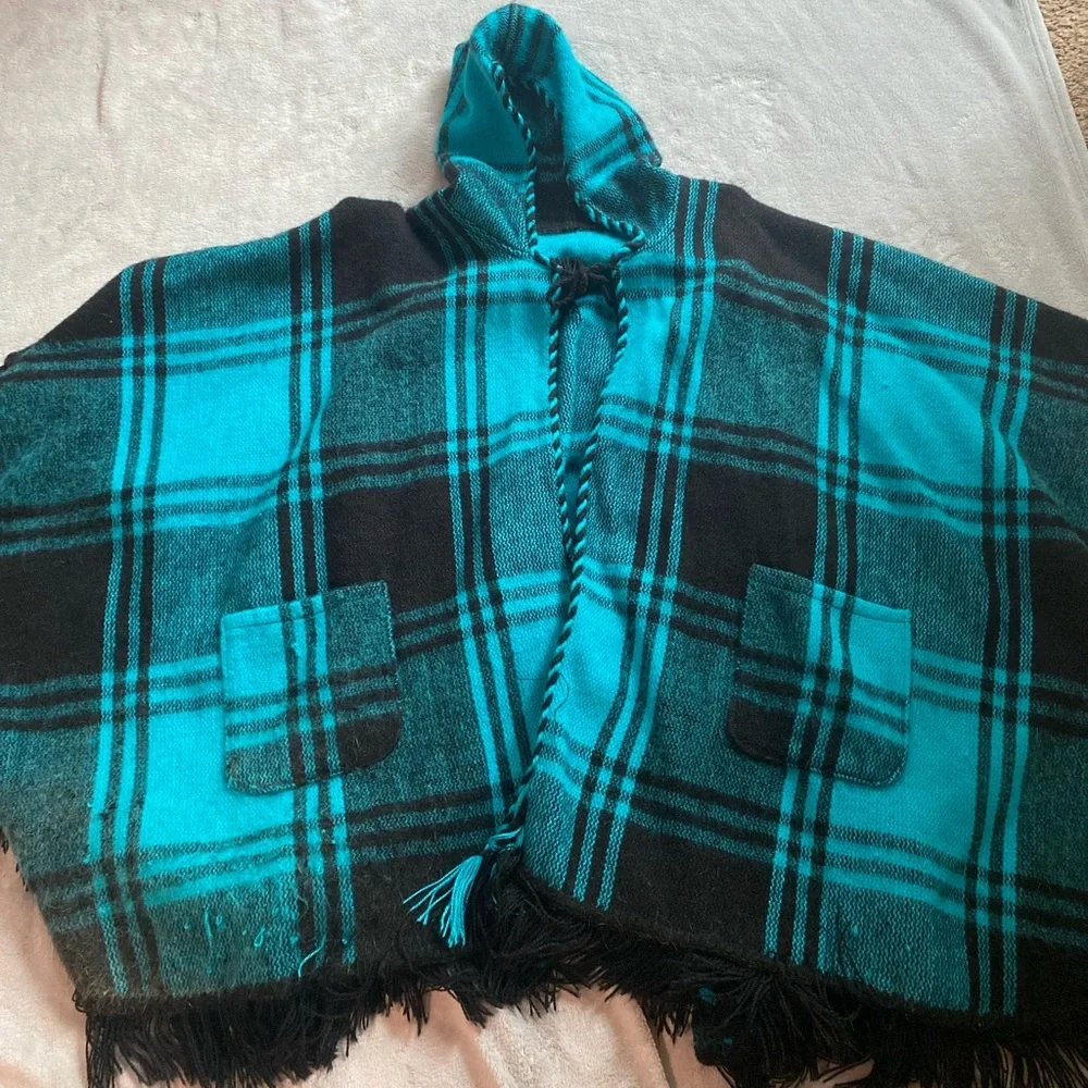 One Size Teal And Black Hooded Poncho